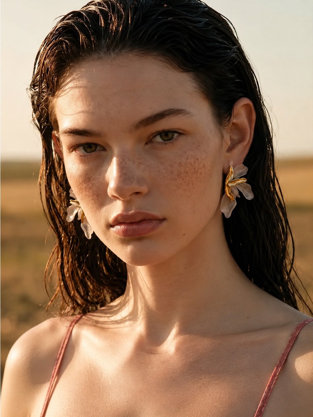 Gold tone and Pearl Pink Floral Petal Drop Earrings - Picture 10 of 11